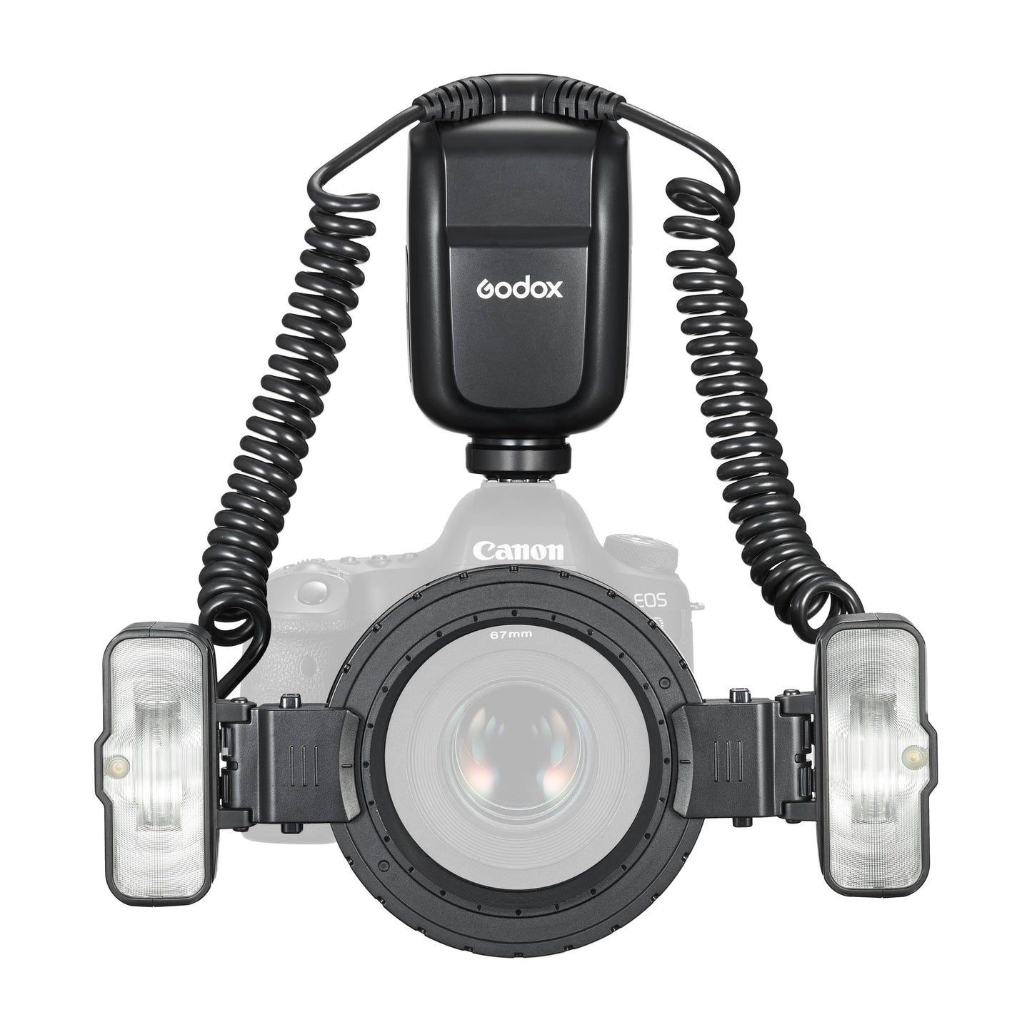 Godox MF-T76 Twin-Head Macro Flash mounted to a greyed-out camera (Front View)