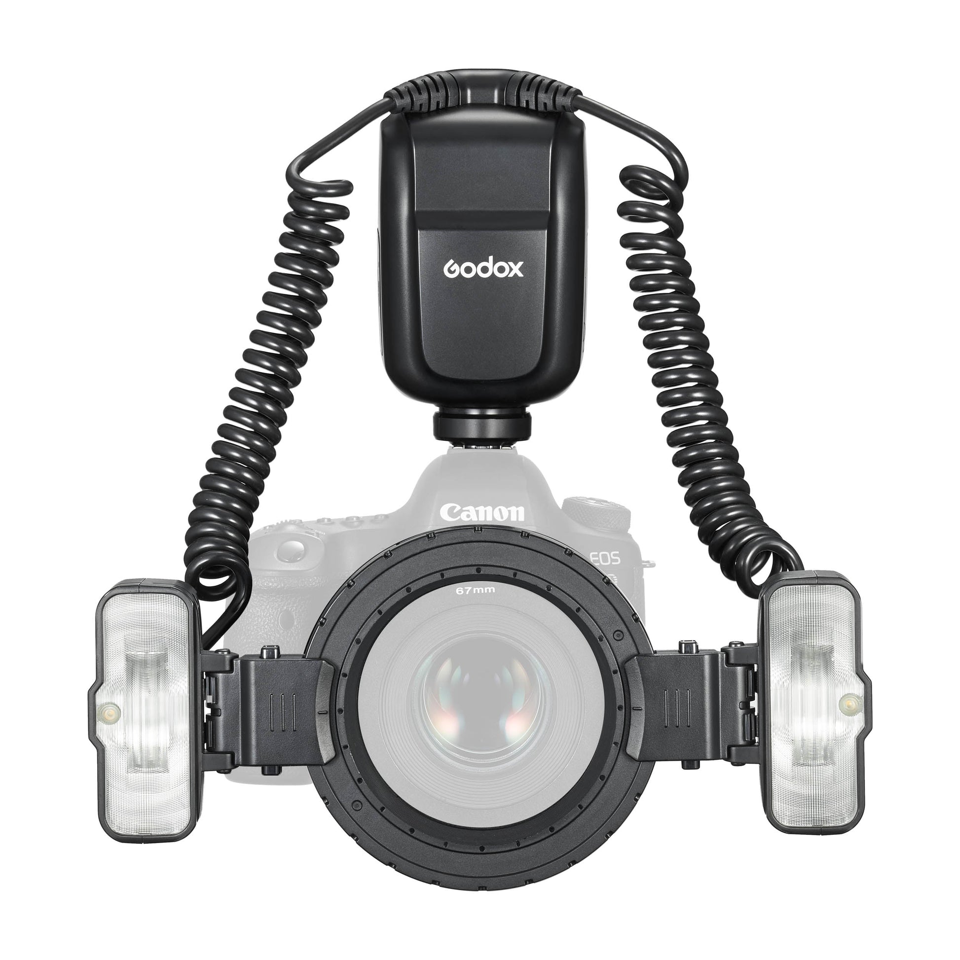 Godox MF-T76 Twin-Head Macro Flash mounted to a greyed-out camera (Front View)