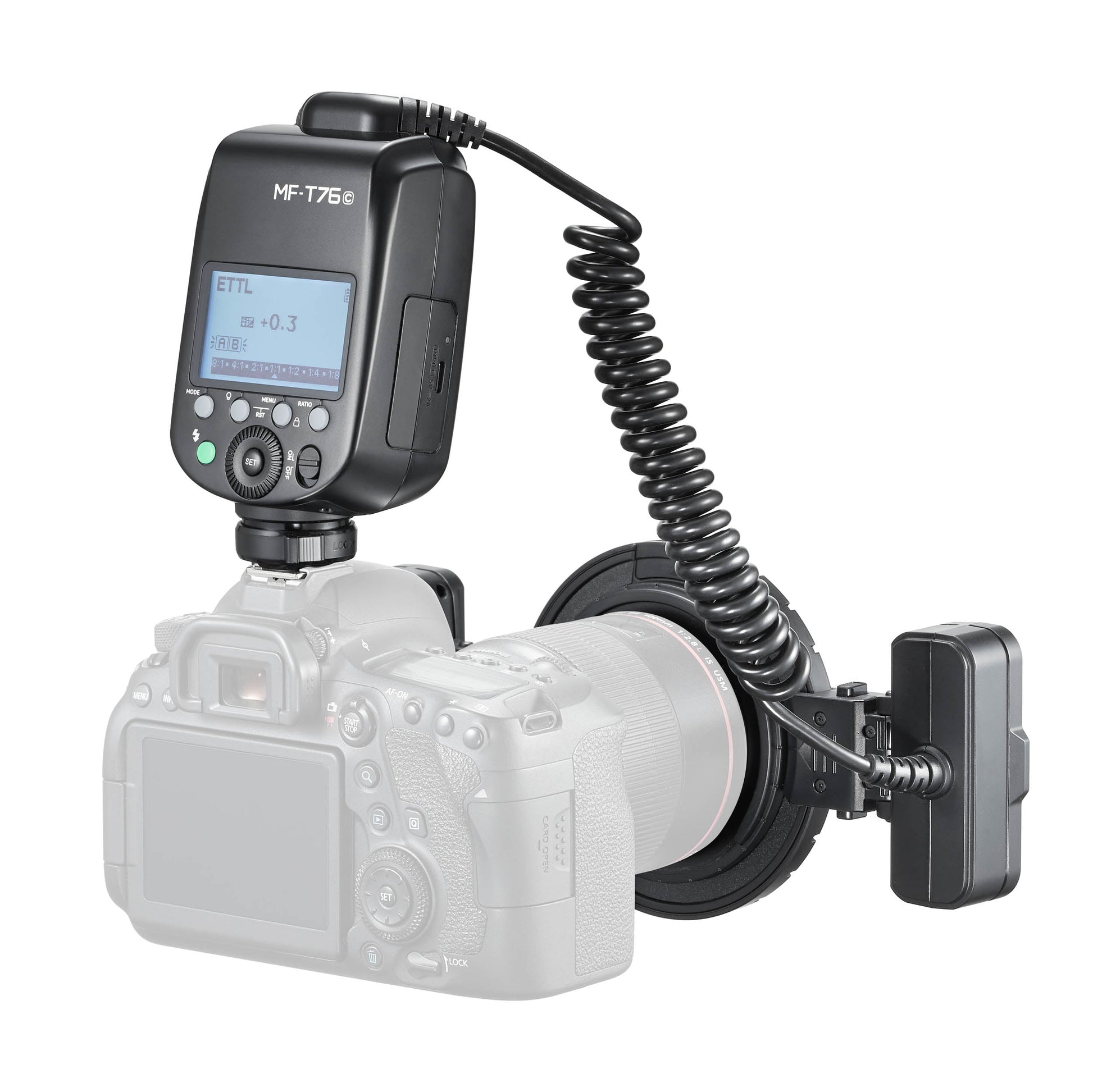 Godox MF-T76 Twin-Head Macro Flash mounted to a greyed-out camera (Three-Quarter Back View)