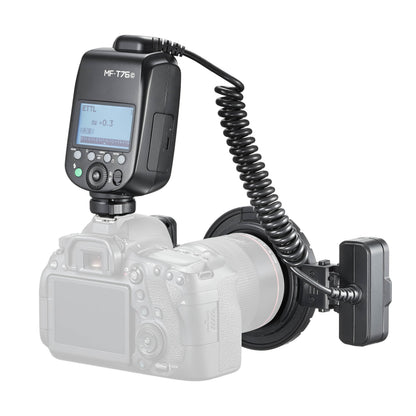 Godox MF-T76 Twin-Head Macro Flash mounted to a greyed-out camera (Three-Quarter Back View)