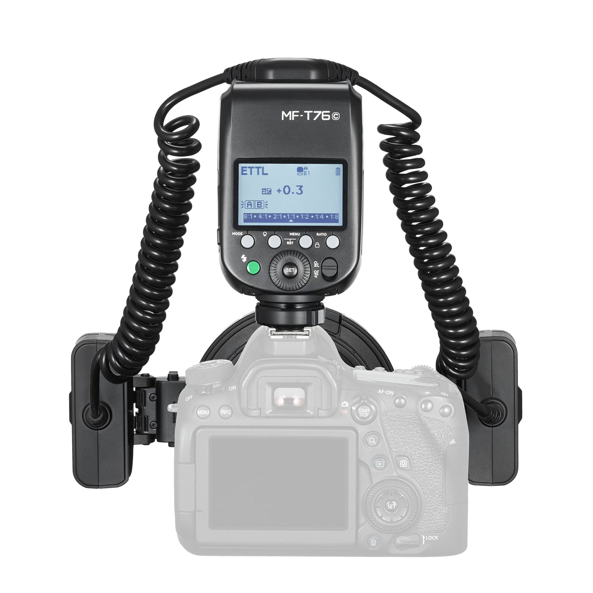 Godox MF-T76 Twin-Head Macro Flash mounted to a greyed-out camera (Back View)