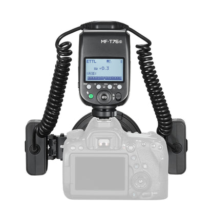 Godox MF-T76 Twin-Head Macro Flash mounted to a greyed-out camera (Back View)