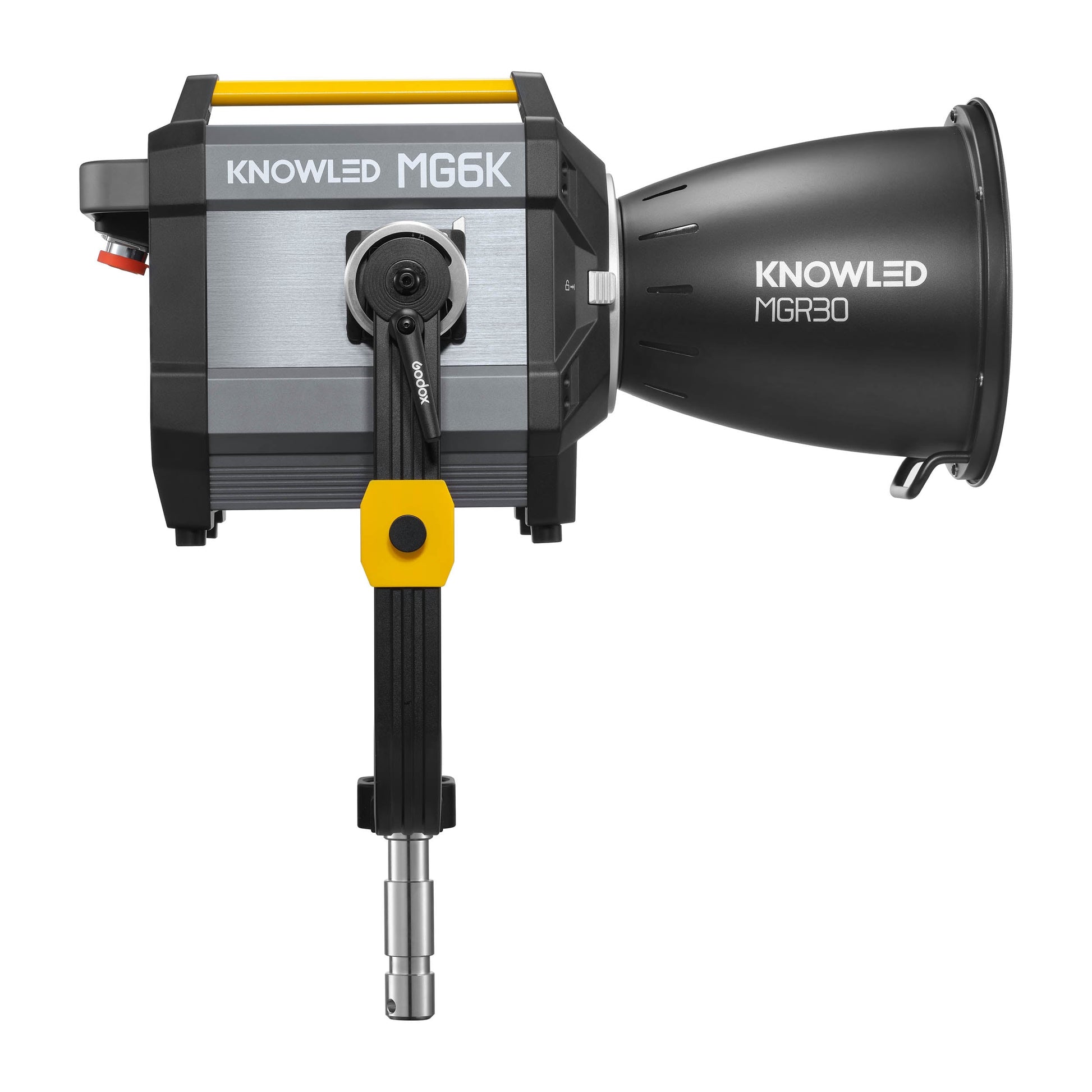Godox KNOWLED MG6K K1 LED Cine Light, Right Side View with an MGR30 reflector mounted to it 