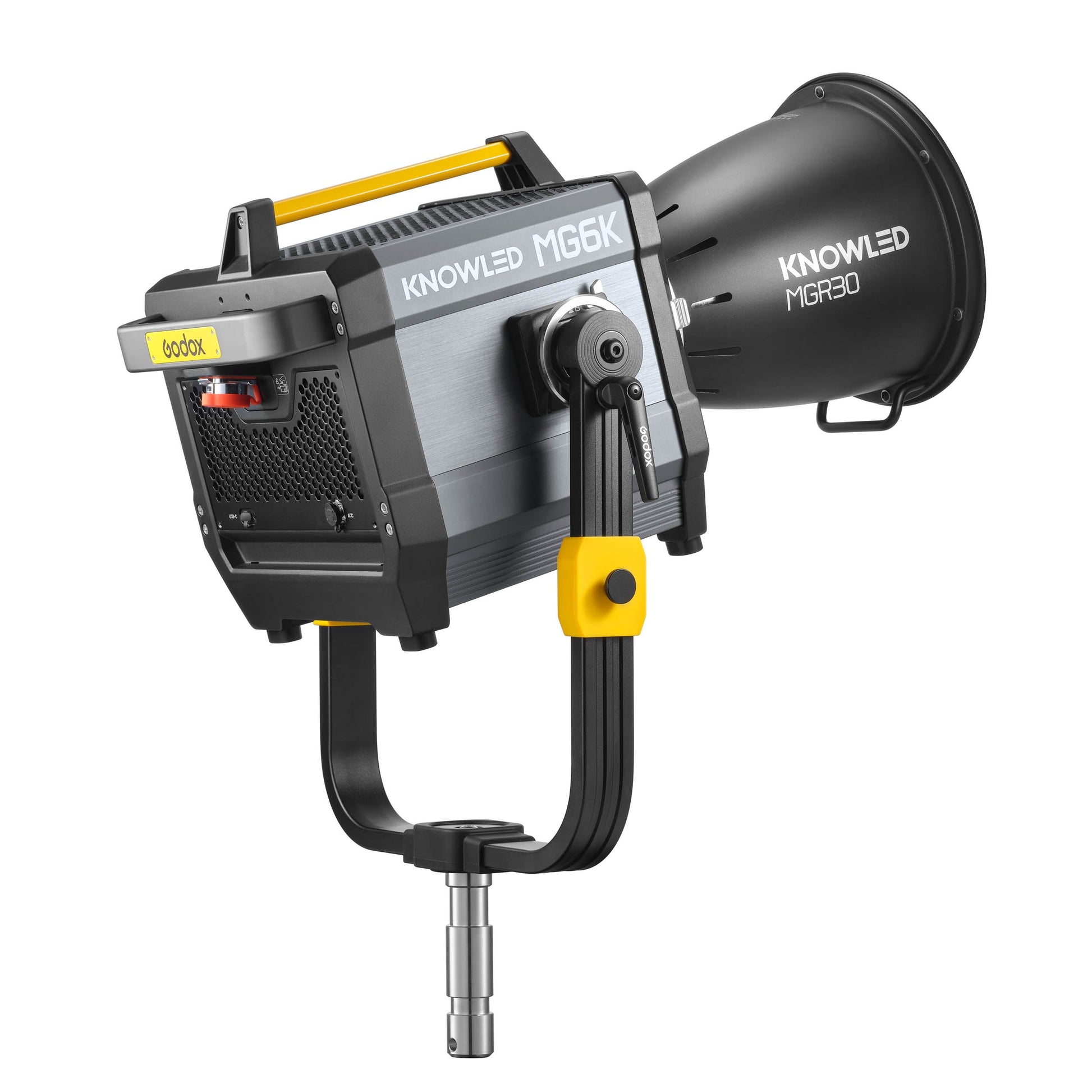 Godox KNOWLED MG6K K1 LED Cine Light Three-Quarter Back  View with an MGR30 reflector mounted to it 