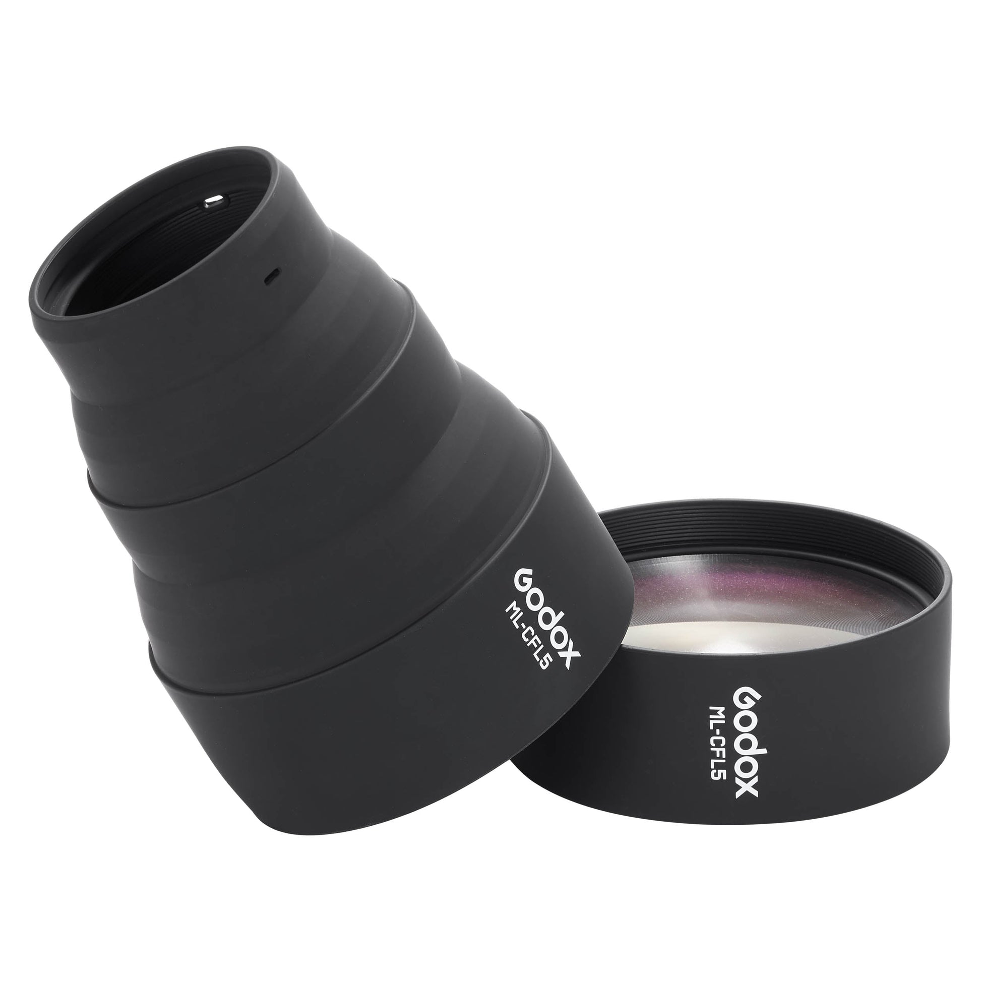 A Godox ML-CFL5 Collapsible Silicone Fresnel Lens Fully-Collapsed, with a Fully Extended one on top of it