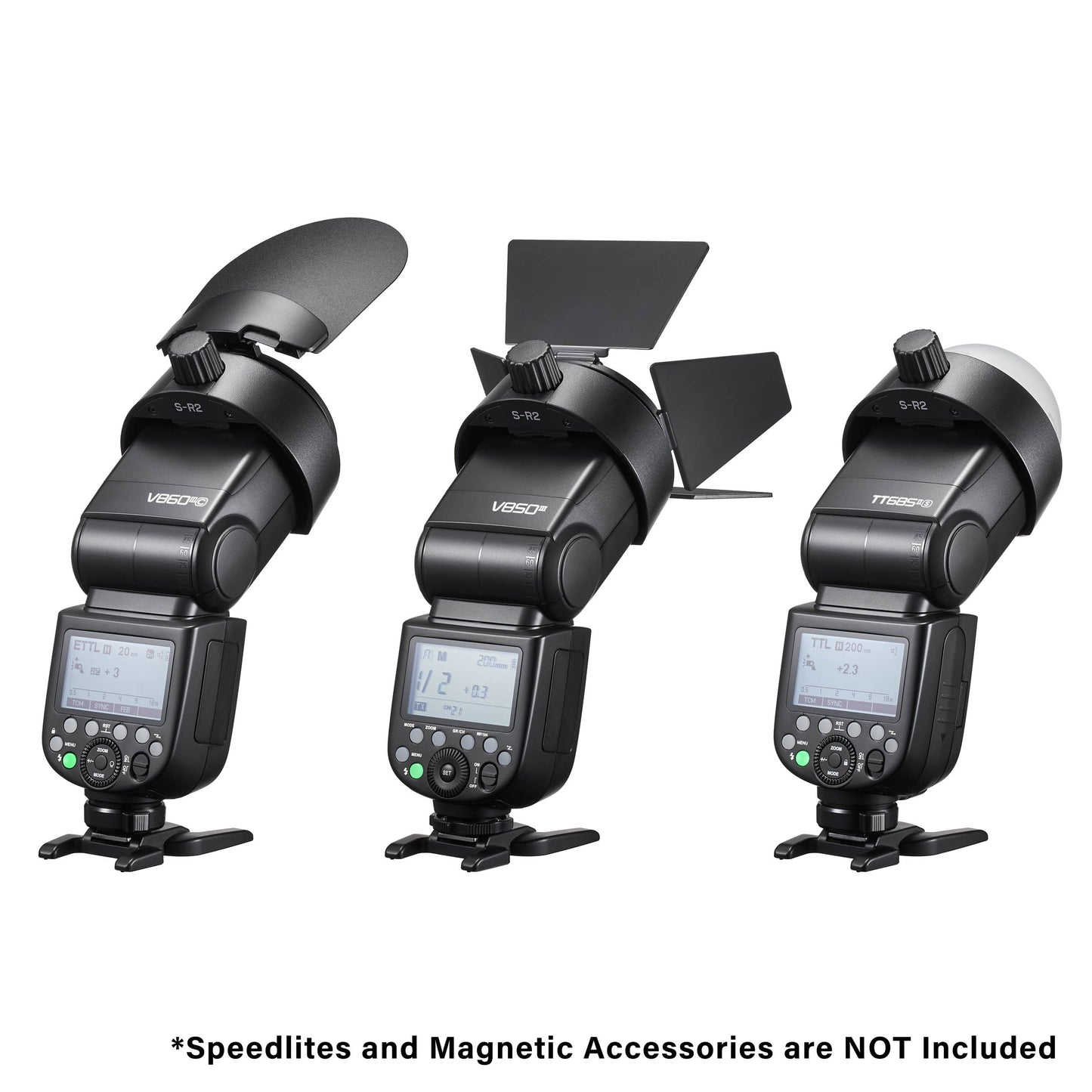 Godox S-R2 Speedlite Round Head Accessory Adapter Mounted to three Godox V860IIIs with various AK-R1 accessories mounted to the front