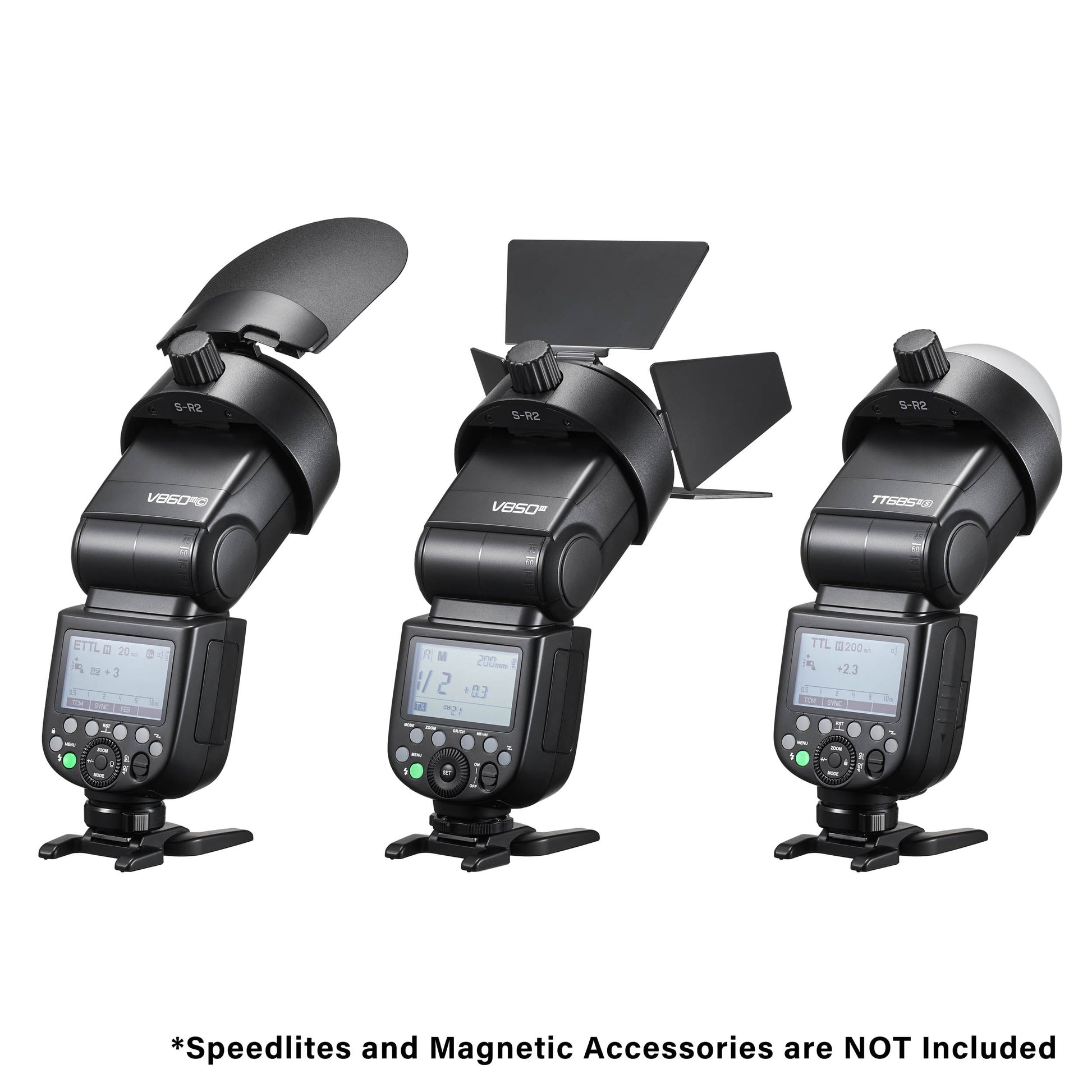 Godox S-R2 Speedlite Round Head Accessory Adapter Mounted to three Godox V860IIIs with various AK-R1 accessories mounted to the front