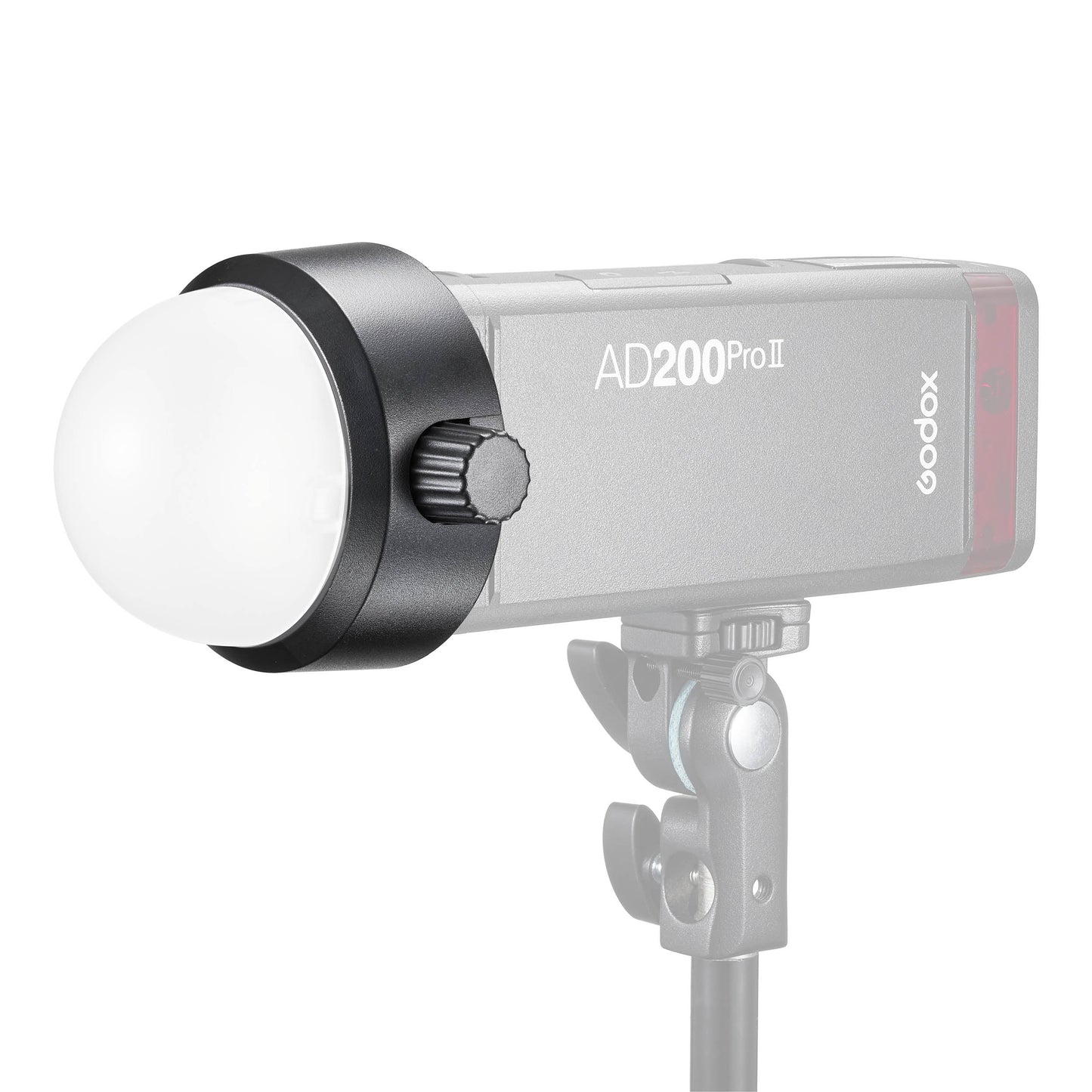 Godox S-R2 Speedlite Round Head Accessory Adapter Mounted to a Godox AD200ProII with an AK-R11 Diffuser dome mounted to the front