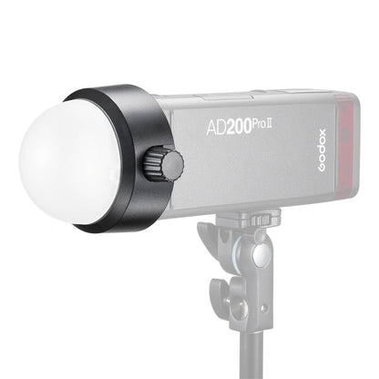 Godox S-R2 Speedlite Round Head Accessory Adapter Mounted to a Godox AD200ProII with an AK-R11 Diffuser dome mounted to the front