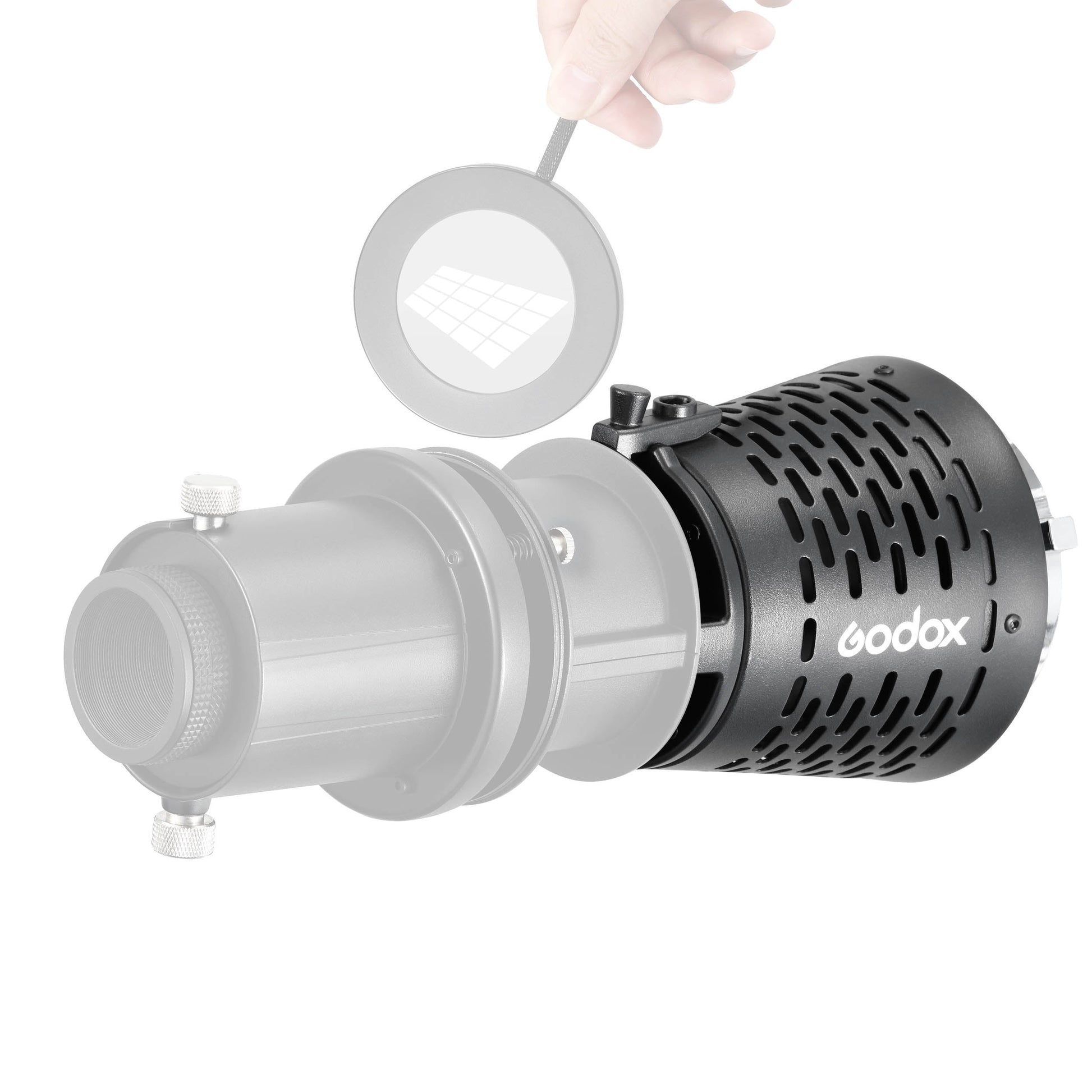 A Gobo Being inserted into a  Godox SA-17 Bowens S-Type Adapter with a Godox SA-P Projection Attachment mounted to it