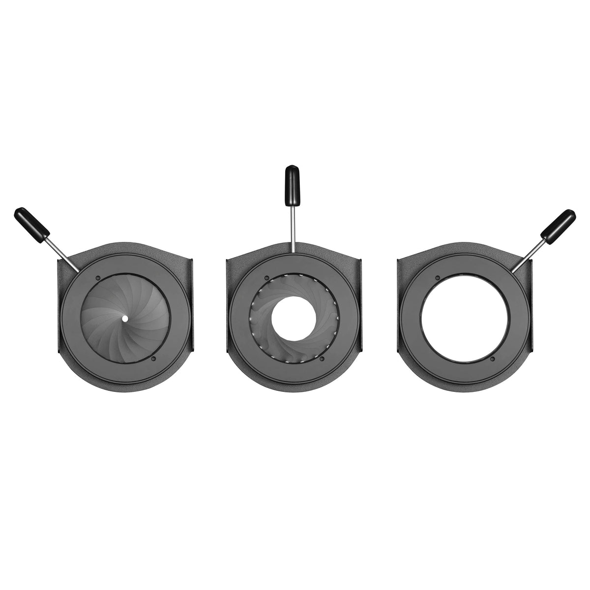 Godox SP-ID iris diaphragm shown with nearly closed, partially open and fully open apertures