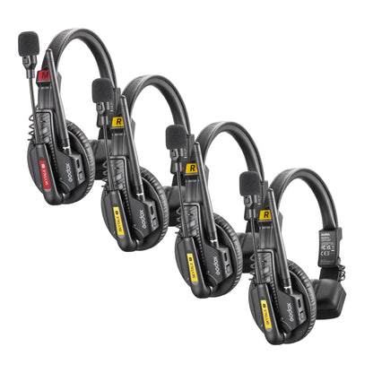 Four Godox SkyTalk Air Remote Headsets, with one Master Head set on  white background