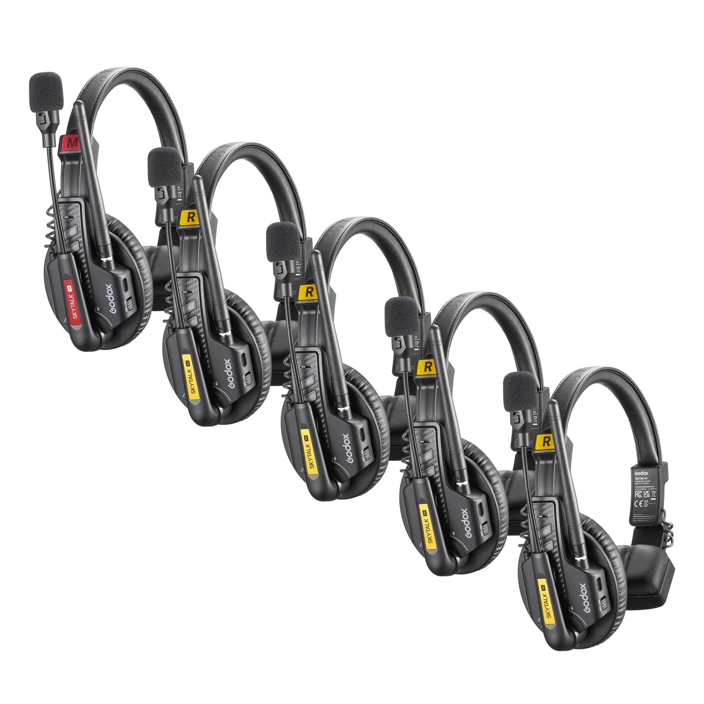 Four Godox SkyTalk Air Remote Headsets, with one Master Head set on  white background