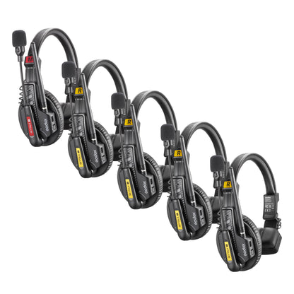 Four Godox SkyTalk Air Remote Headsets, with one Master Head set on  white background