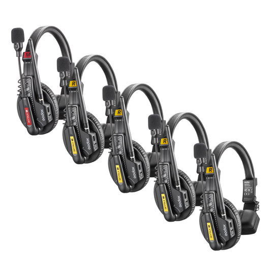 Four Godox SkyTalk Air Remote Headsets, with one Master Head set on  white background