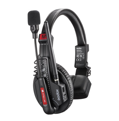 A Godox SkyTalk Air Master Headset with the mic pointing upwards on a White Background