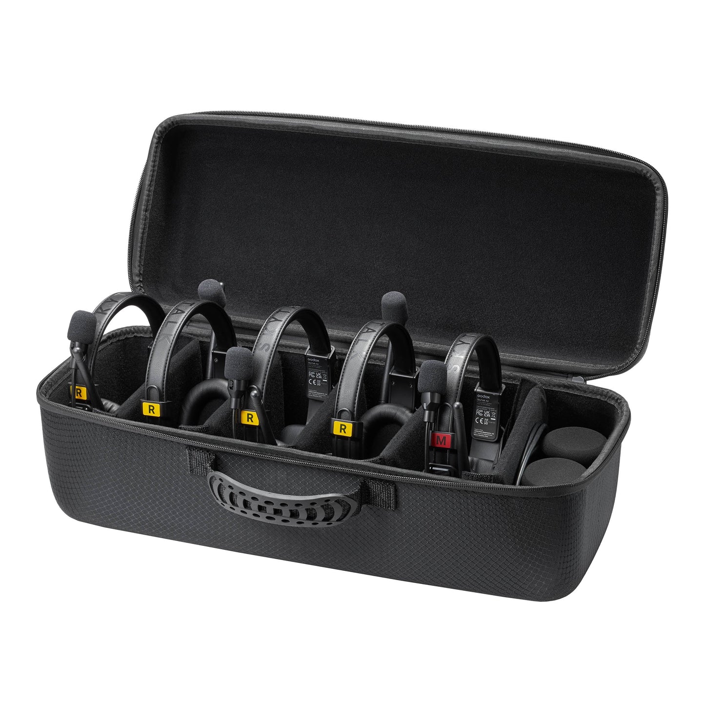 A Godox SkyTalk Air Stroage case open showing all  five headsets and accessories inside on a White Background