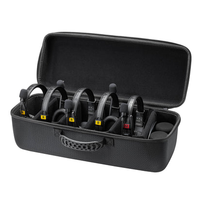 A Godox SkyTalk Air Stroage case open showing all  five headsets and accessories inside on a White Background