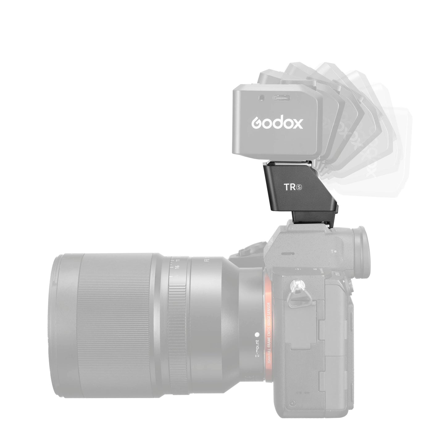 Godox TR TTL Hot Shoe Riser for Small Flashes Mounted to a Camera with a iT20 Flash Mounted to it showing the tilt range