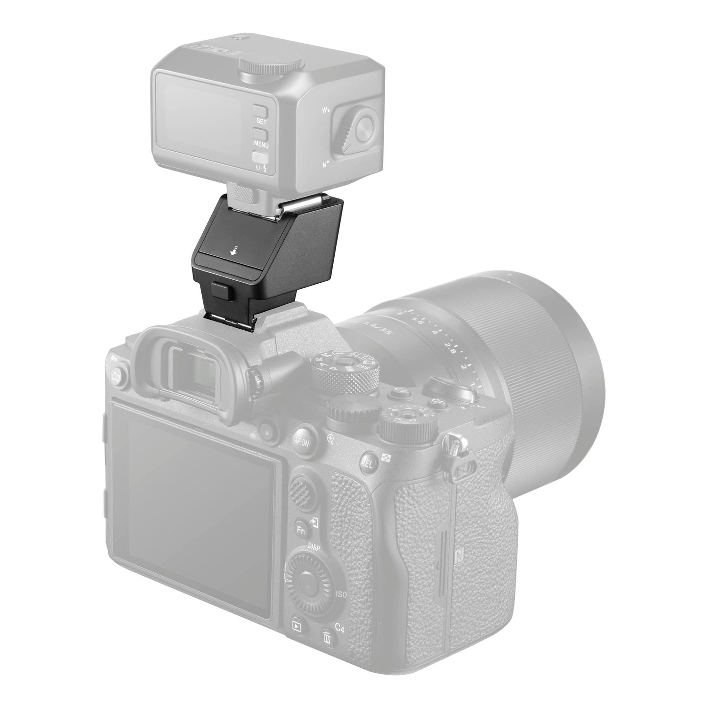 Godox TR TTL Hot Shoe Riser for Small Flashes Mounted to a Camera with a iT30Pro Flash Mounted to it Back View