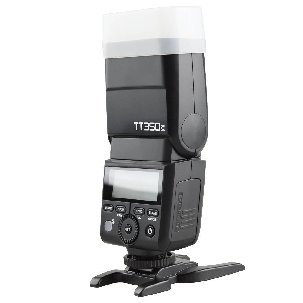 The Godox TT350 Compact Speedlite  Three-Quarter Back View with diffuser attached and head pointing straight up
