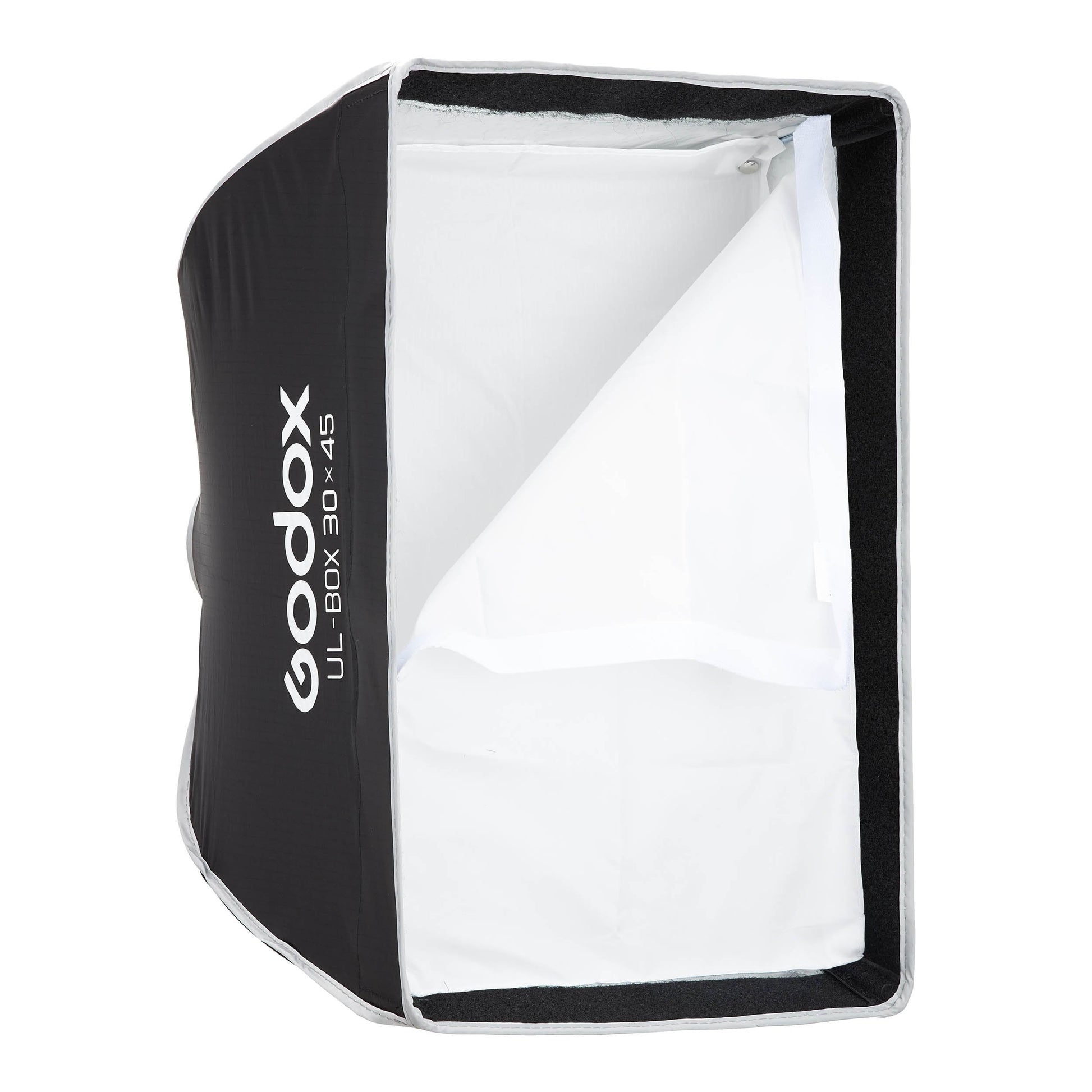 Godox UL-BOX-3045 30x45cm Rectangular Softbox with front diffuser half taken off to show inner diffuser