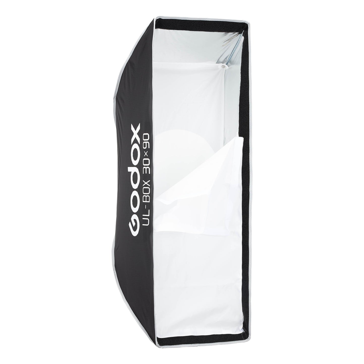 Godox UL-BOX-3090 30x90cm Strip Softbox with front diffuser half taken off to show inner diffuser