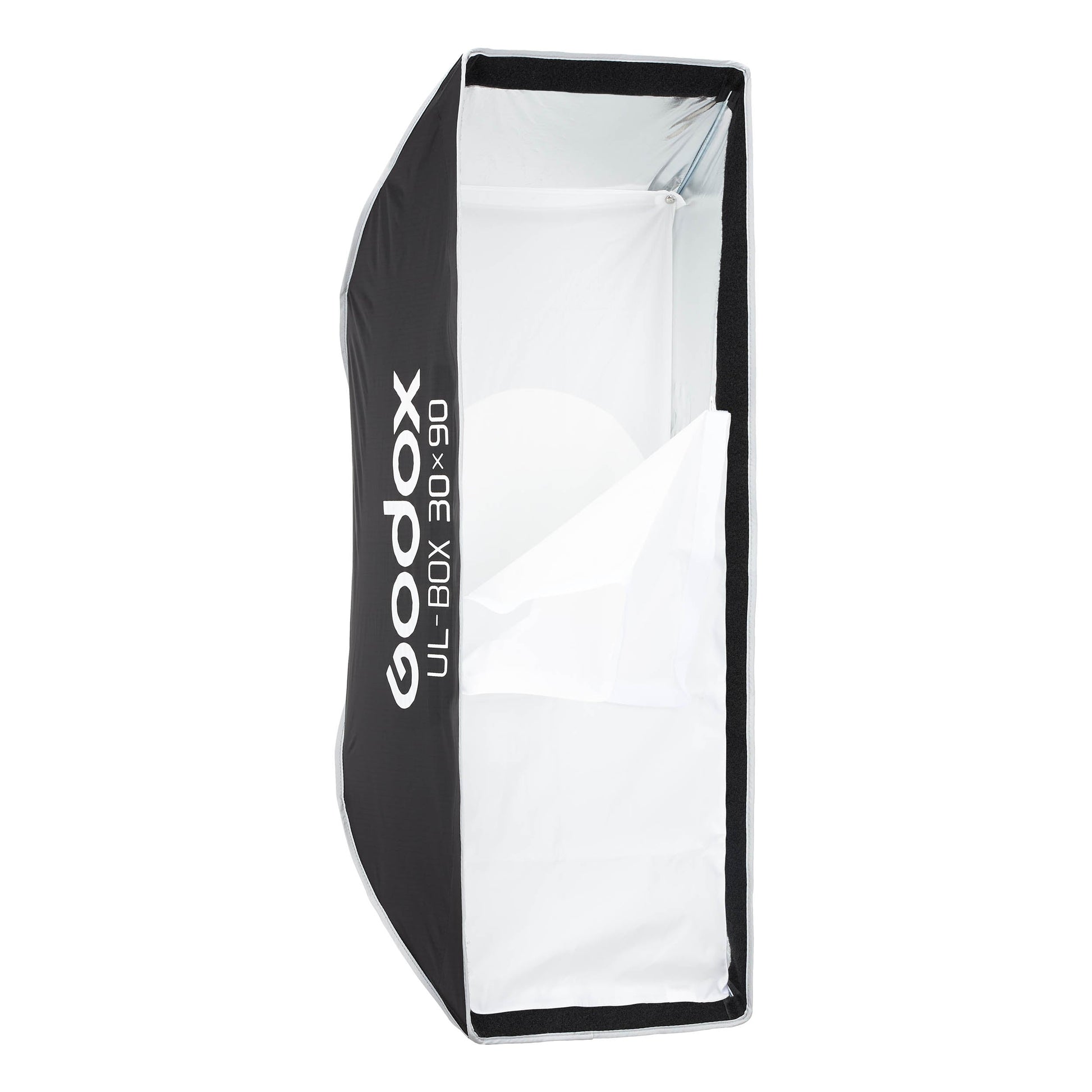 Godox UL-BOX-3090 30x90cm Strip Softbox with front diffuser half taken off to show inner diffuser