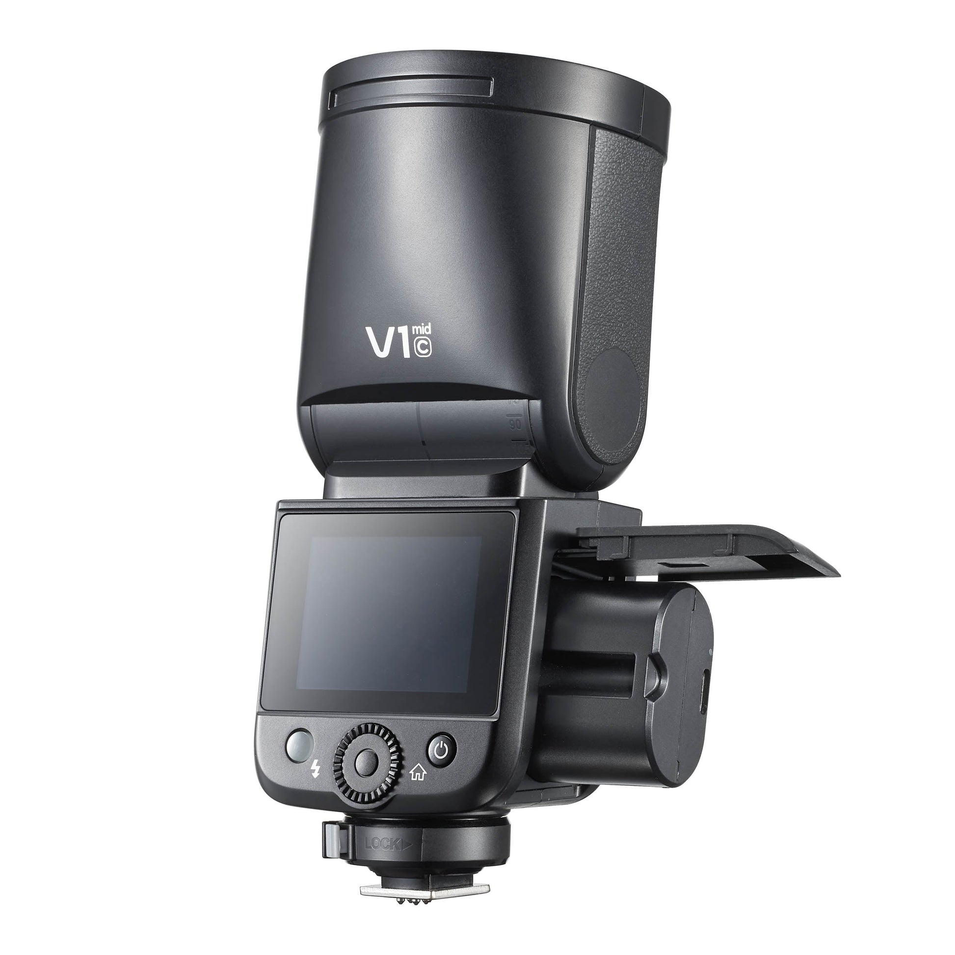 Godox V1mid Compact Round-Head TTL Speedlite (Three-Quarter Back View with Battery Sticking Out)