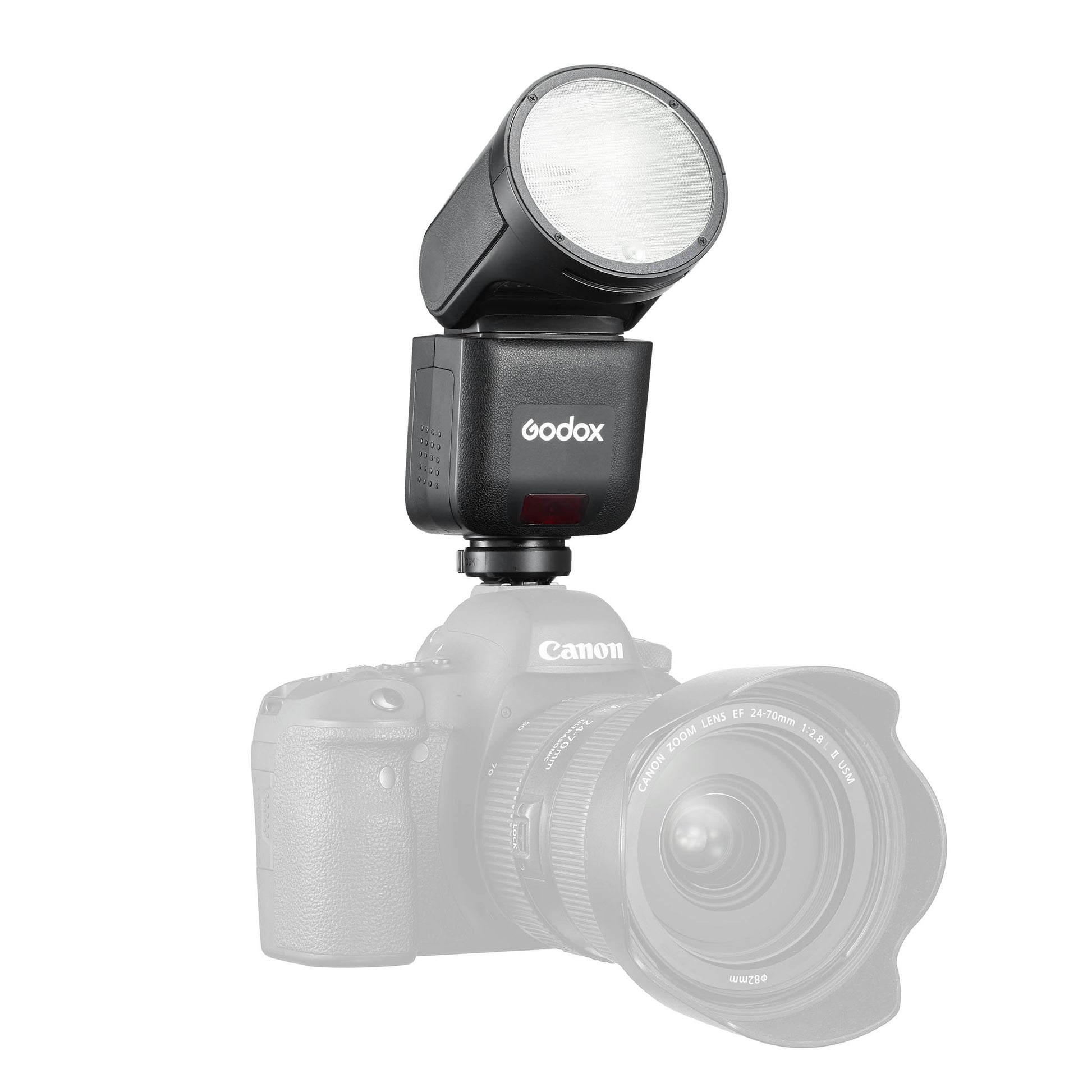Godox V1mid Compact Round-Head TTL Speedlite Mounted to a camera
