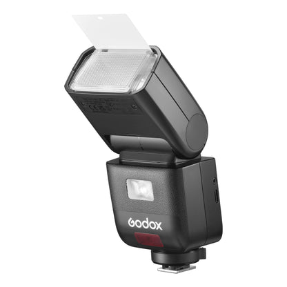 Godox V480 Compact TTL Speedlite Front View with wide-angle diffuser and bounce card out