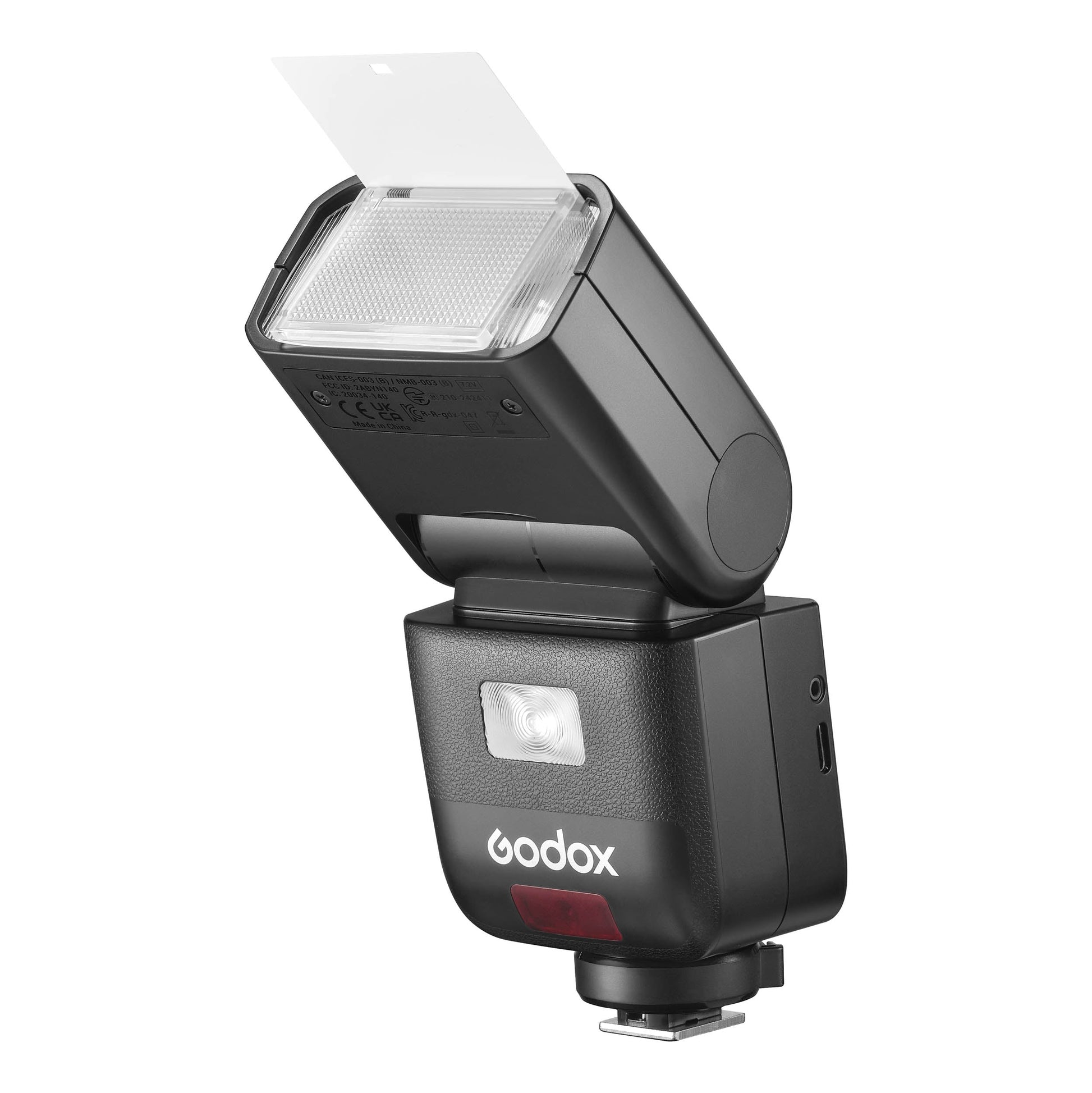 Godox V480 Compact TTL Speedlite Front View with wide-angle diffuser and bounce card out