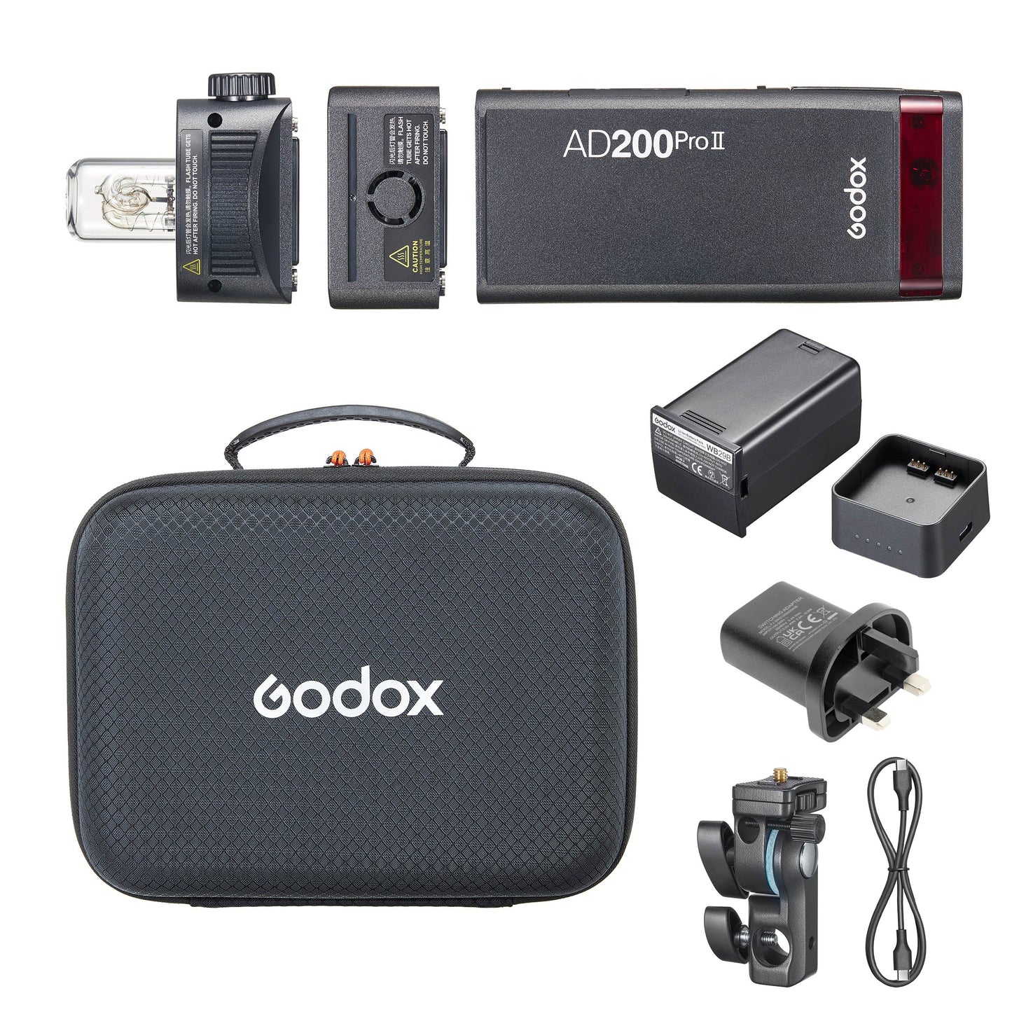 Godox AD200ProII box contents. Bare bulb head, rectangular head, light body, carry case, battery, battery charger, UK wall plug, AD-01 adapter, and USB-C charging cable.