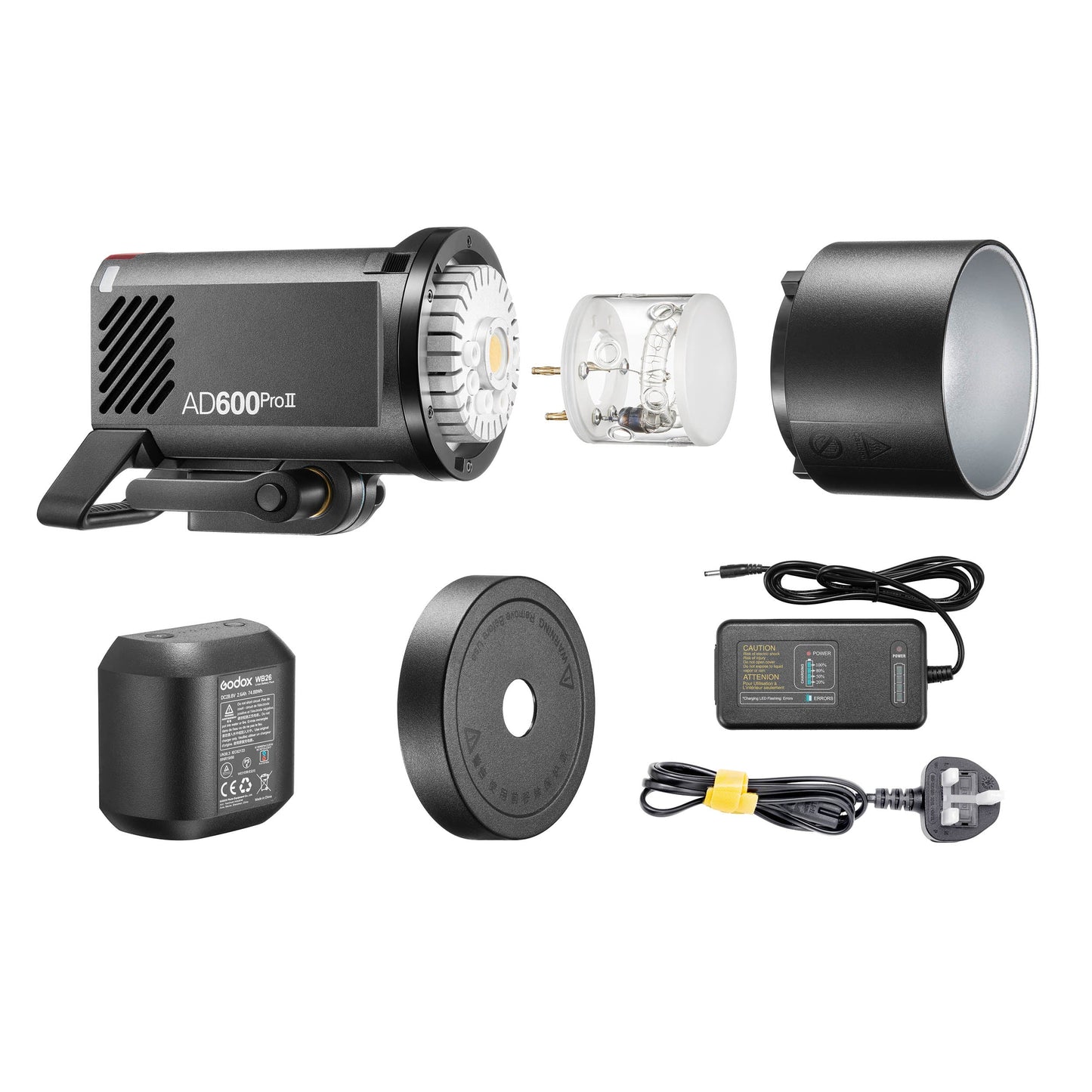 Godox AD600ProII box items. Light Body, Flash Tube, Reflector, Battery, Protection Cover, Power Adapter, UK Wall Plug