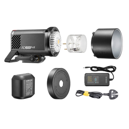 Godox AD600ProII box items. Light Body, Flash Tube, Reflector, Battery, Protection Cover, Power Adapter, UK Wall Plug