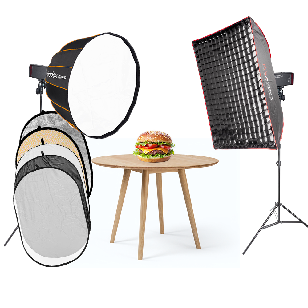 Godox AD200ProII Food Photography kit scene with urger and table. Using 2x AD200ProII, QR-P90, 60x90cm Softbox, 2x S2 Adapter Brakcets, 240cm Air Cushioned Light Stands, and RFT07 reflector panels.