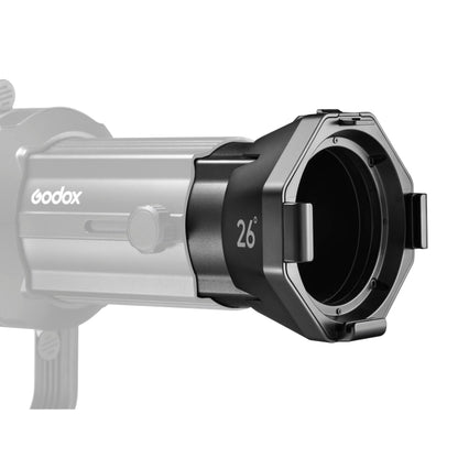 26Â° Cinematic Lens for Godox VSA Spotlight Mounted to a VSA-Series Projection Attachment body