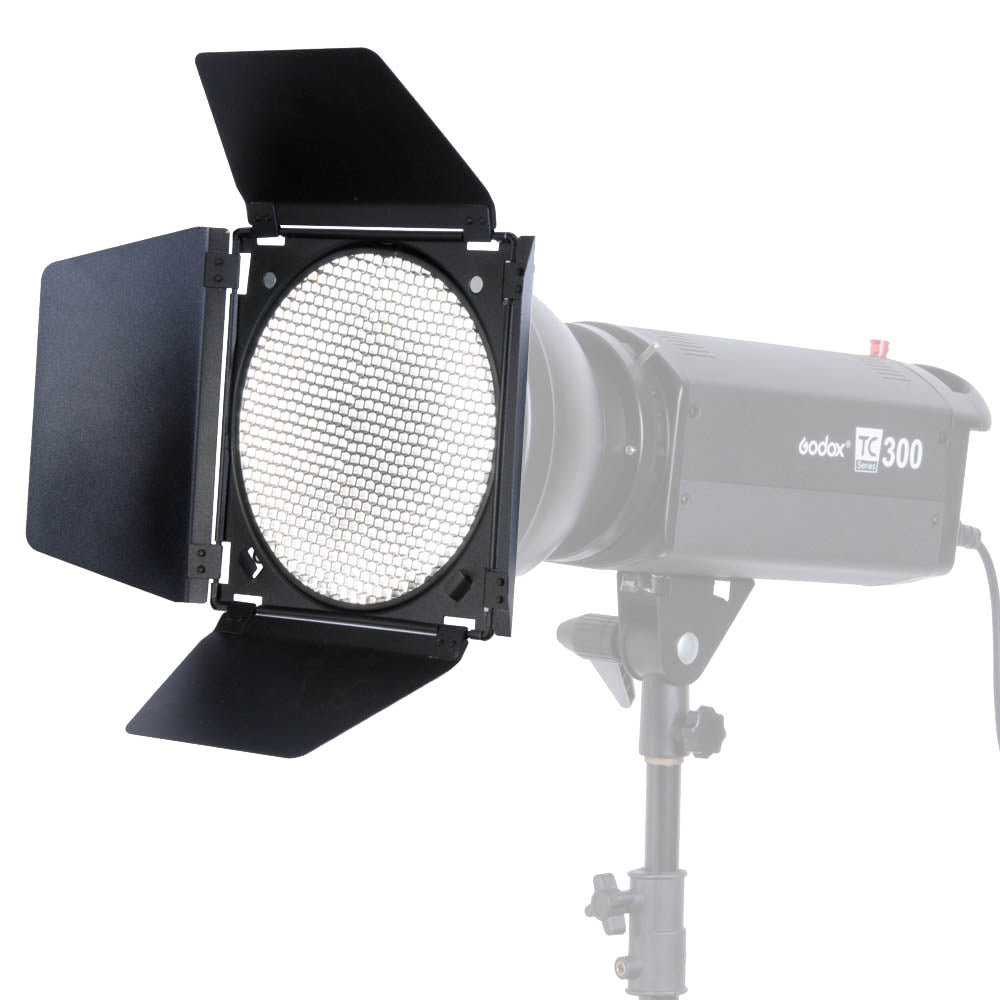 Godox BD04 Universal Barn Door Set mounted to a flash head