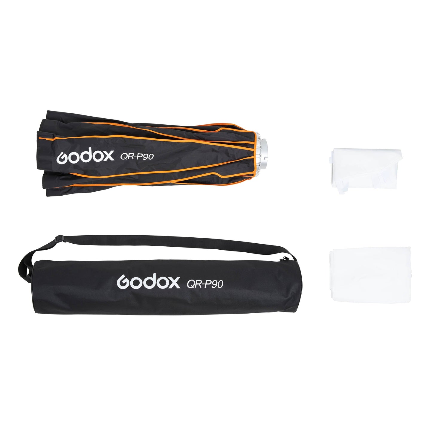 Godox QR-P90 softbox box contents. Softbox, inner diffuser, outer diffuser, and carry bag