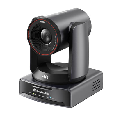 Hollyland 4K conference camera with a black and dark gray body, featuring a red accent ring around the lens and a matching black base, shown on a solid white background.