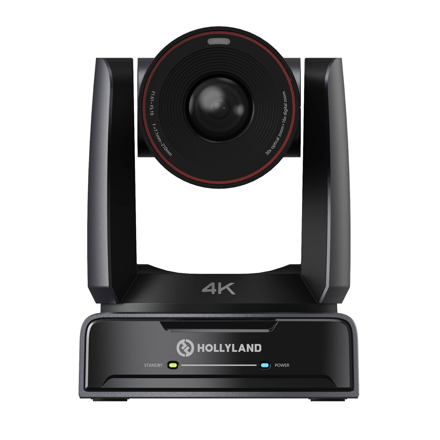Hollyland ASTRA P1 4K conference camera with a black body, red accent ring around the lens, and a front display panel, shown on a solid white background.