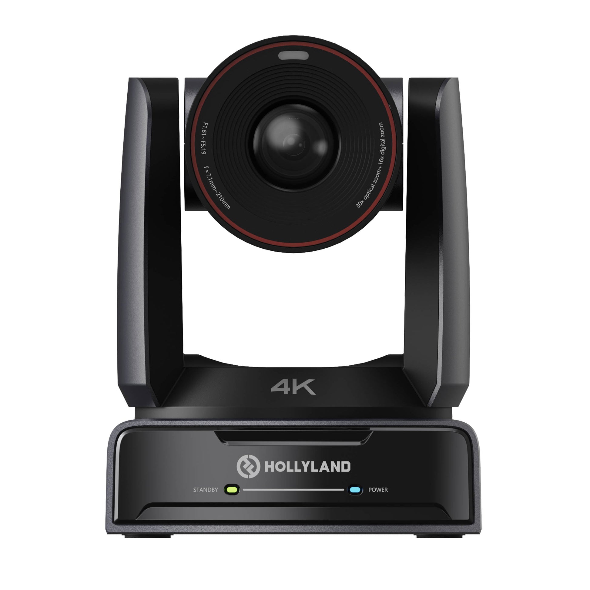 Hollyland ASTRA P1 4K conference camera with a black body, red accent ring around the lens, and a front display panel, shown on a solid white background.