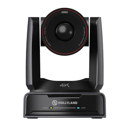 Hollyland ASTRA P1 4K conference camera with a black body, red accent ring around the lens, and a front display panel, shown on a solid white background.