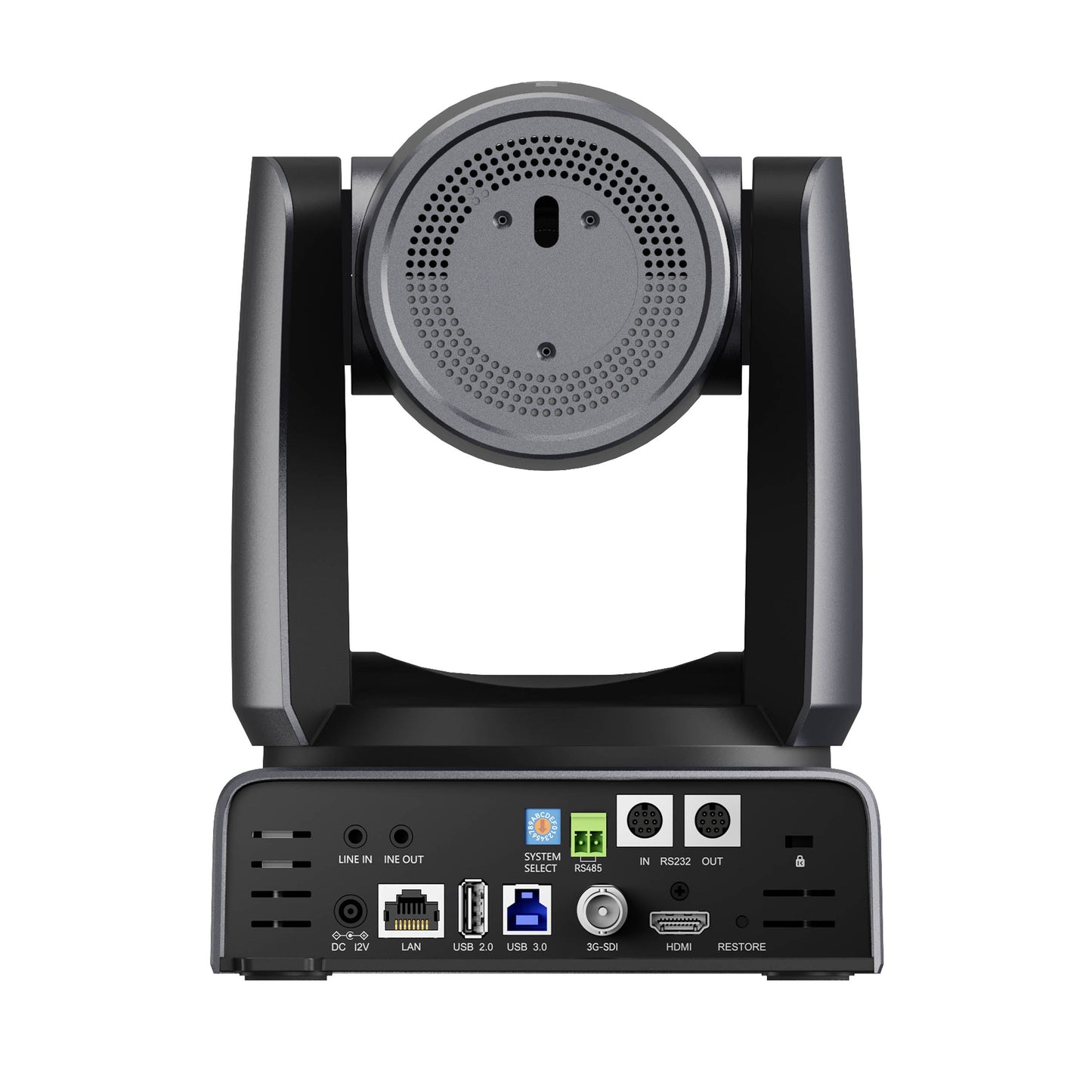Hollyland  ASTRA P1  professional video conference camera with a rotating head and a rear panel showing various ports and connectors, isolated on a white background.