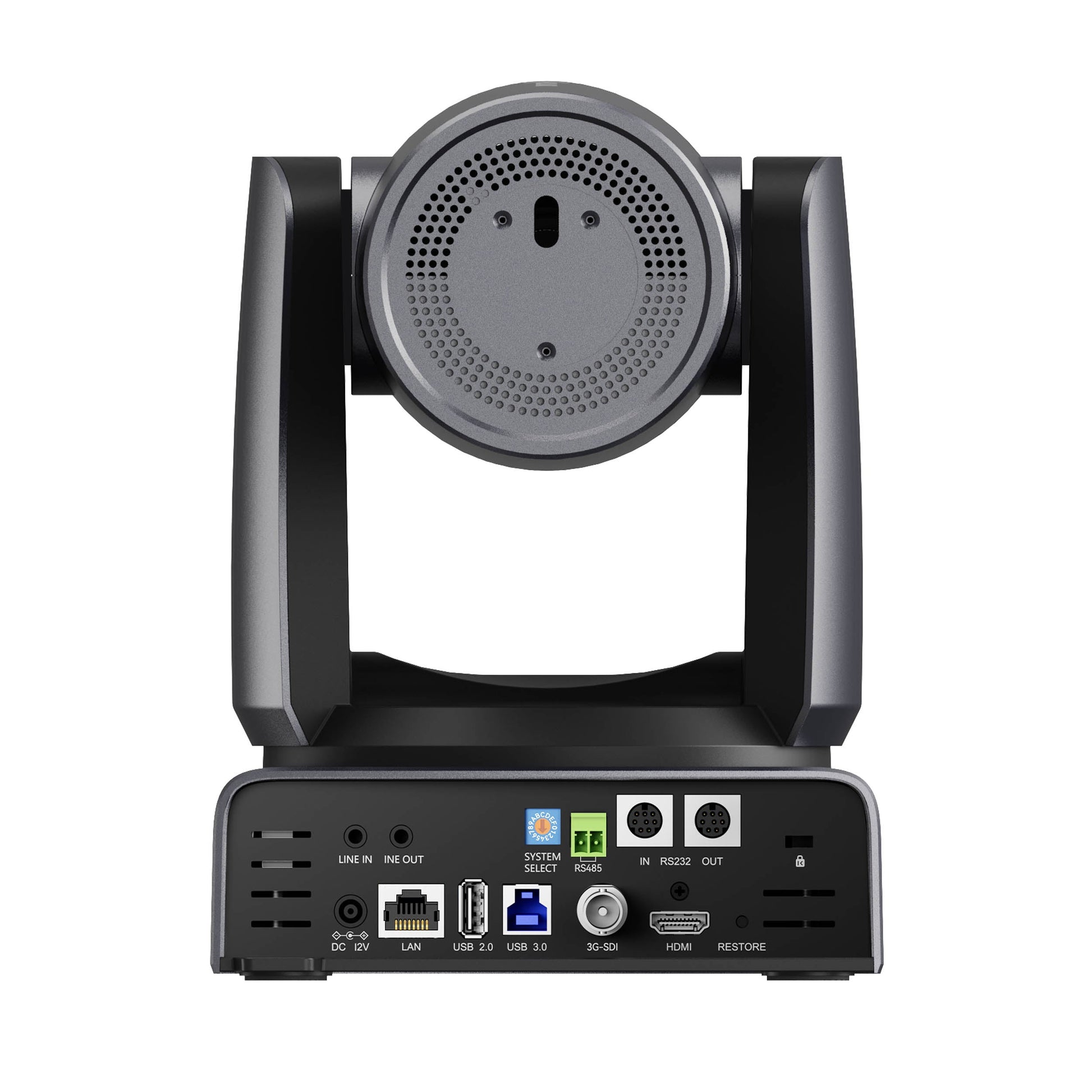 Hollyland  ASTRA P1  professional video conference camera with a rotating head and a rear panel showing various ports and connectors, isolated on a white background.