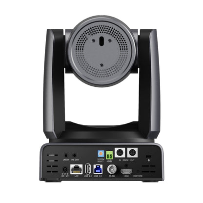Hollyland  ASTRA P1  professional video conference camera with a rotating head and a rear panel showing various ports and connectors, isolated on a white background.