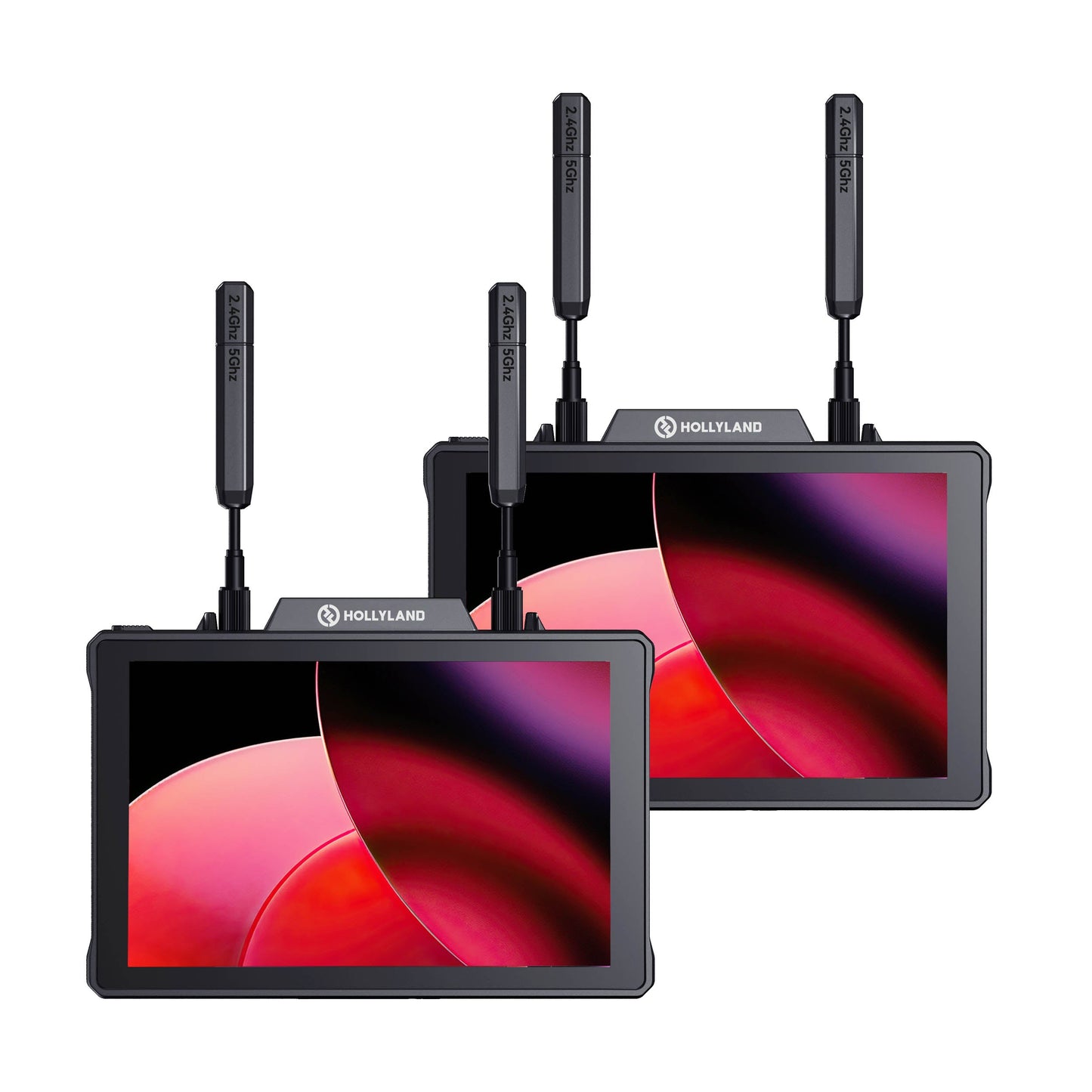 Two The Hollyland Pyro7 7-Inch Monitors with Built-in Video Transmitter and Receiver