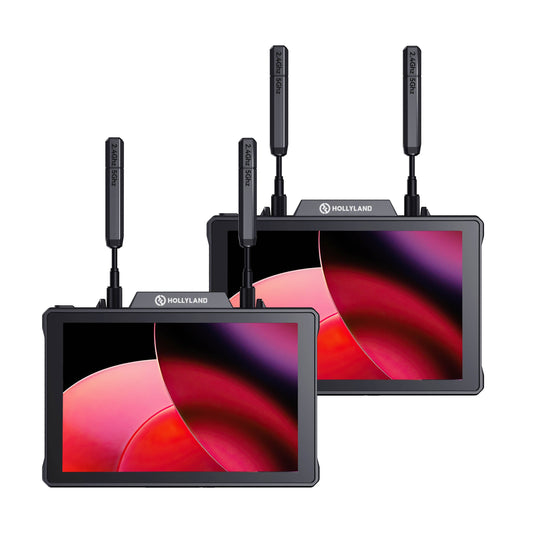 Two The Hollyland Pyro7 7-Inch Monitors with Built-in Video Transmitter and Receiver