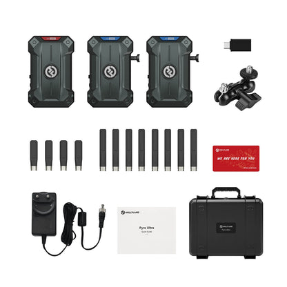 Hollyland Pyro Ultra 1TX Transmitter and  1RX Receiver Video Transmission Kit box Content