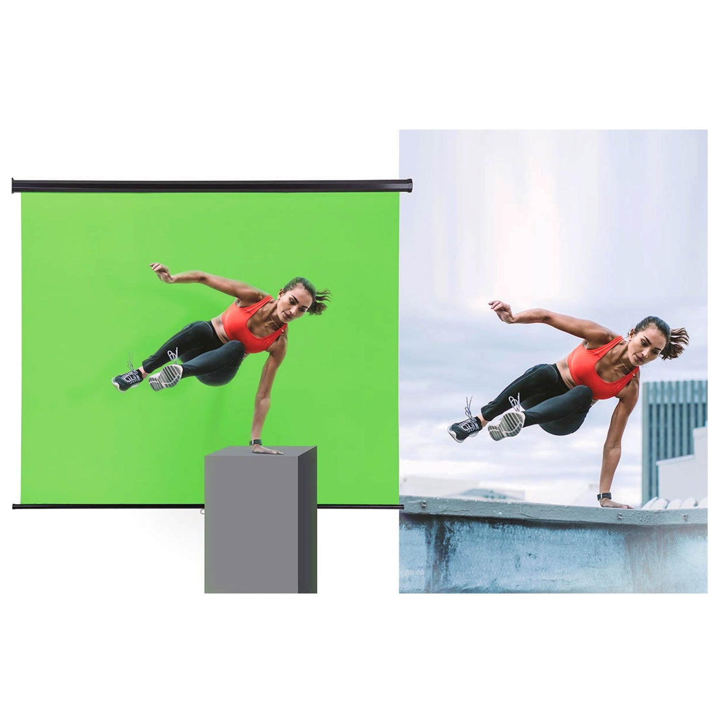 Pixapro 1.8x2m Chroma Key Green Wall-Mounted Retractable being used to film an actor performing a stunt